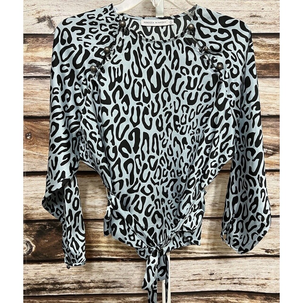 Rebecca Minkoff Womens Top Size XS Angelina Blue Leopard Tie Waist